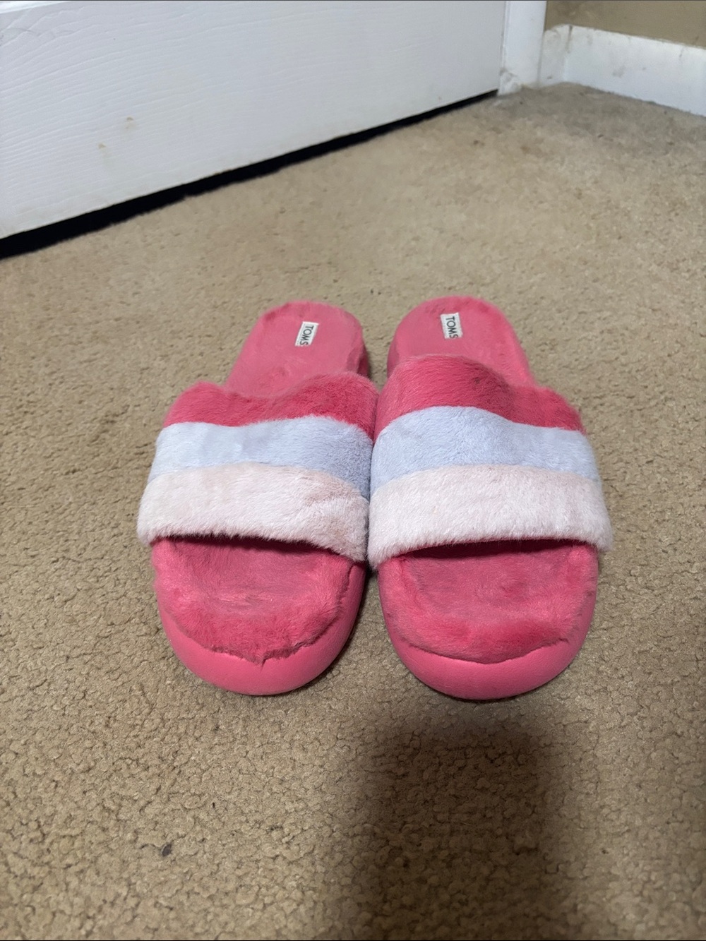 Toms Pink Fuzzy Slide Slippers